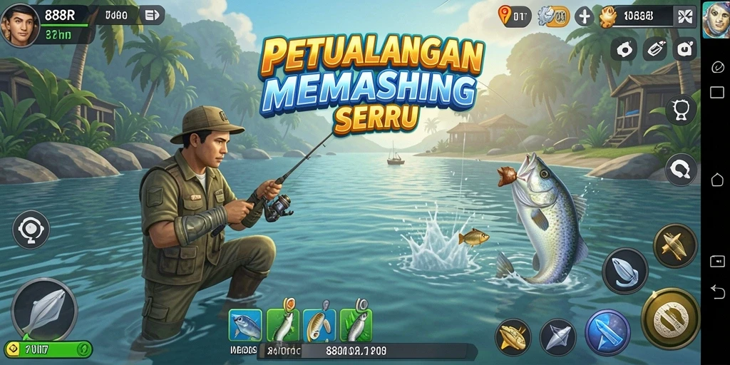Tampilan gameplay 888R dengan aktivitas memancing yang seru.