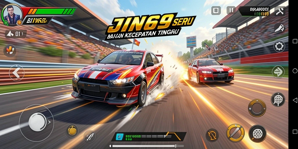 Gameplay intens JIN69 dengan kendaraan balap yang cepat.