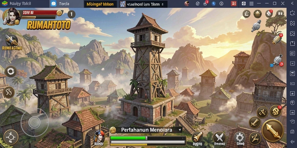 Tangkapan layar gameplay RUMAHTOTO yang menampilkan pertahanan menara yang strategis.