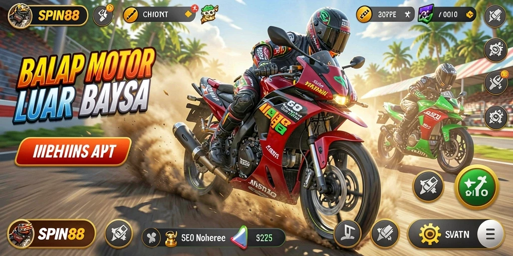 Tampilan sepeda motor balap pada gameplay SPIN88 yang menegangkan.