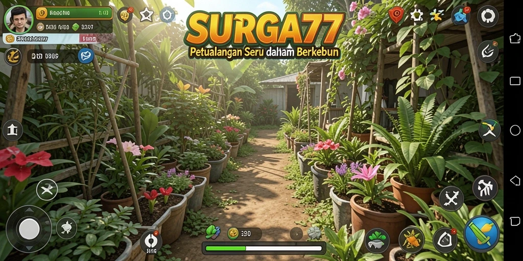 Tangkapan layar permainan SURGA77 dengan banyak aktivitas berkebun yang seru.